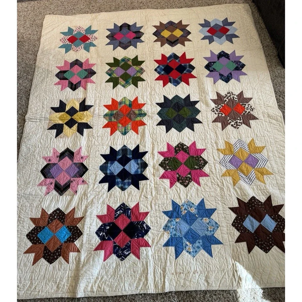 Vintage Handcrafted Patchwork Star Quilt Calico Cottagecore Folk Art 69